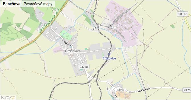 Benešova - záplavové mapy stoleté vody