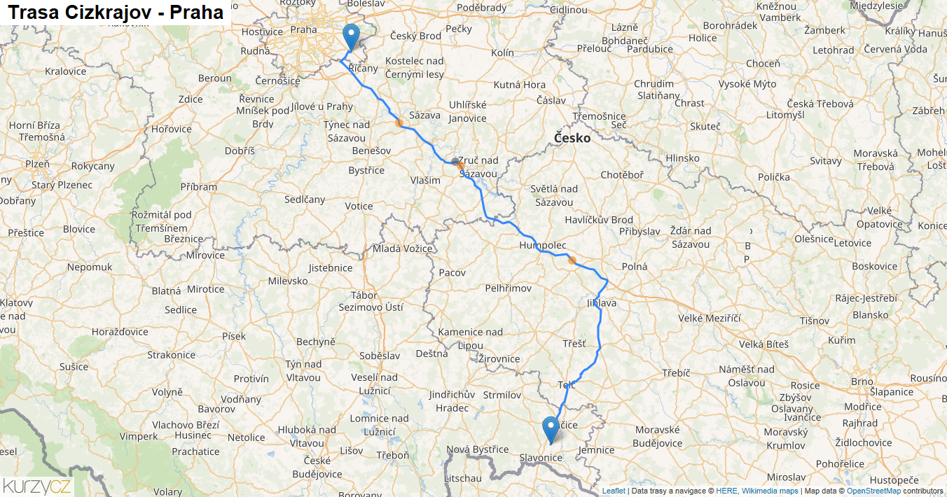 Cizkrajov-Praha, mapa trasy