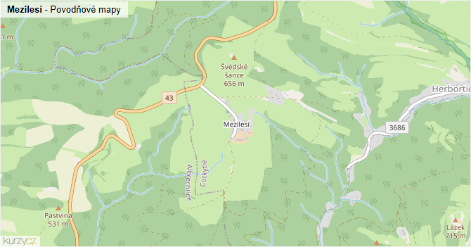 Mezilesí - záplavové mapy stoleté vody