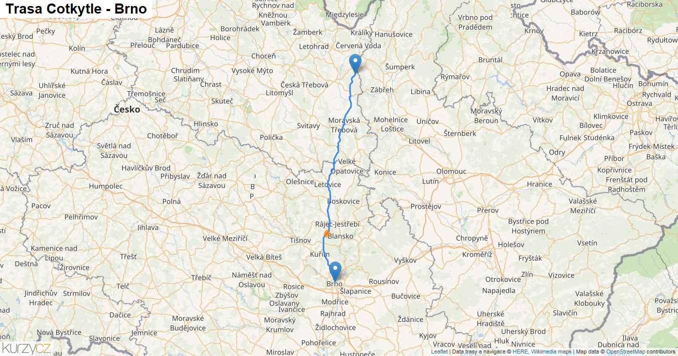 Cotkytle-Brno, mapa trasy