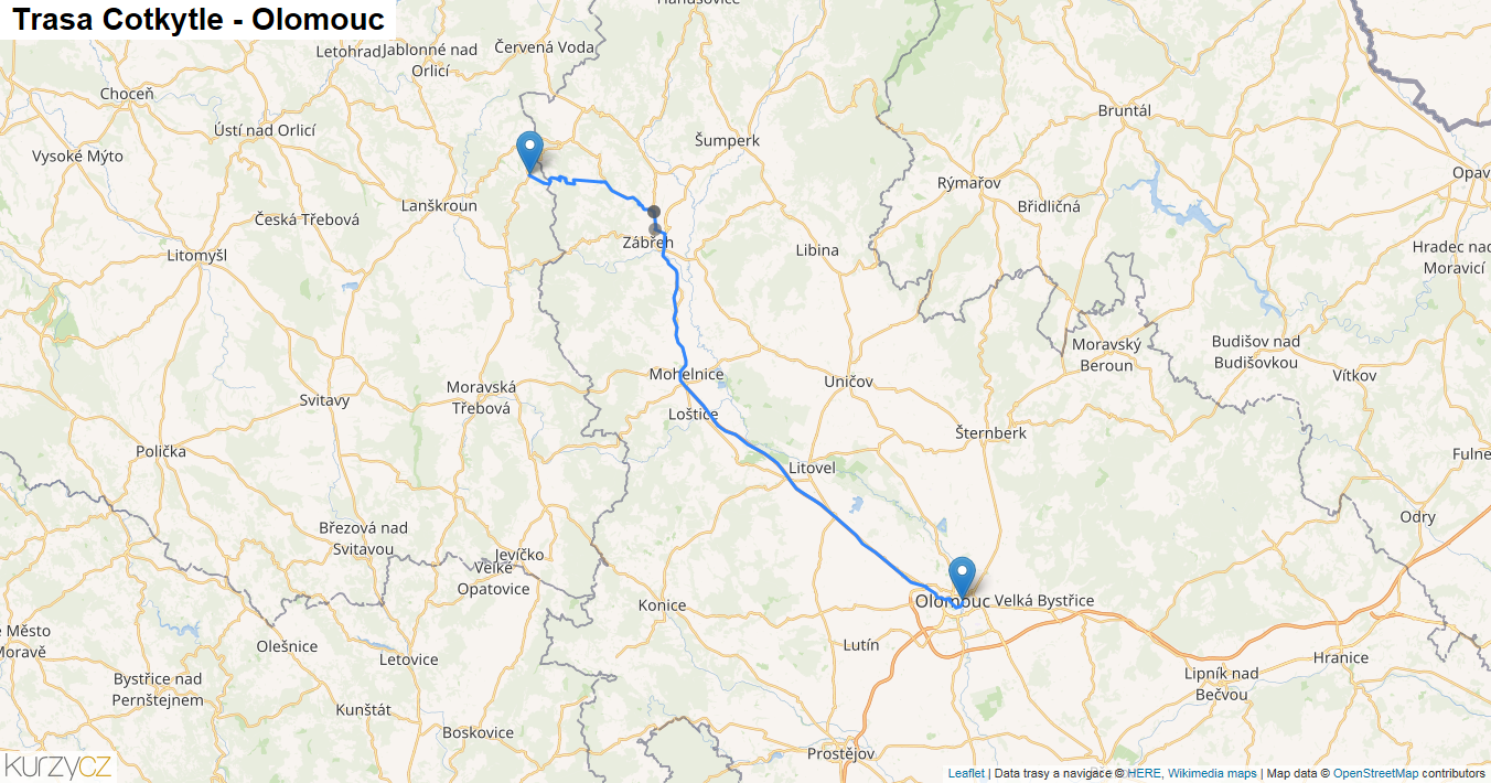 Cotkytle-Olomouc, mapa trasy