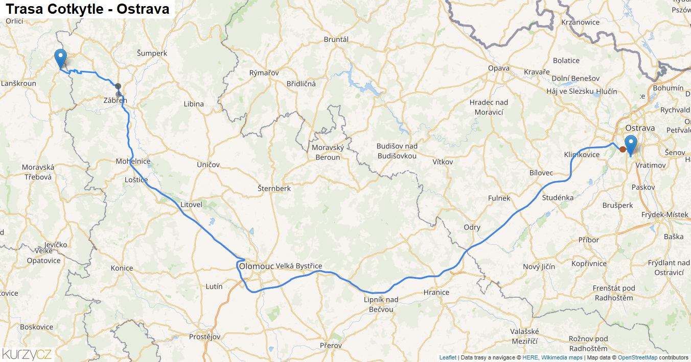 Cotkytle-Ostrava, mapa trasy