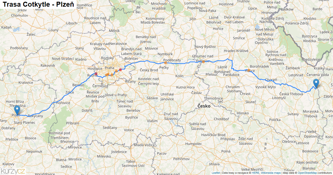 Cotkytle-Plzeň, mapa trasy