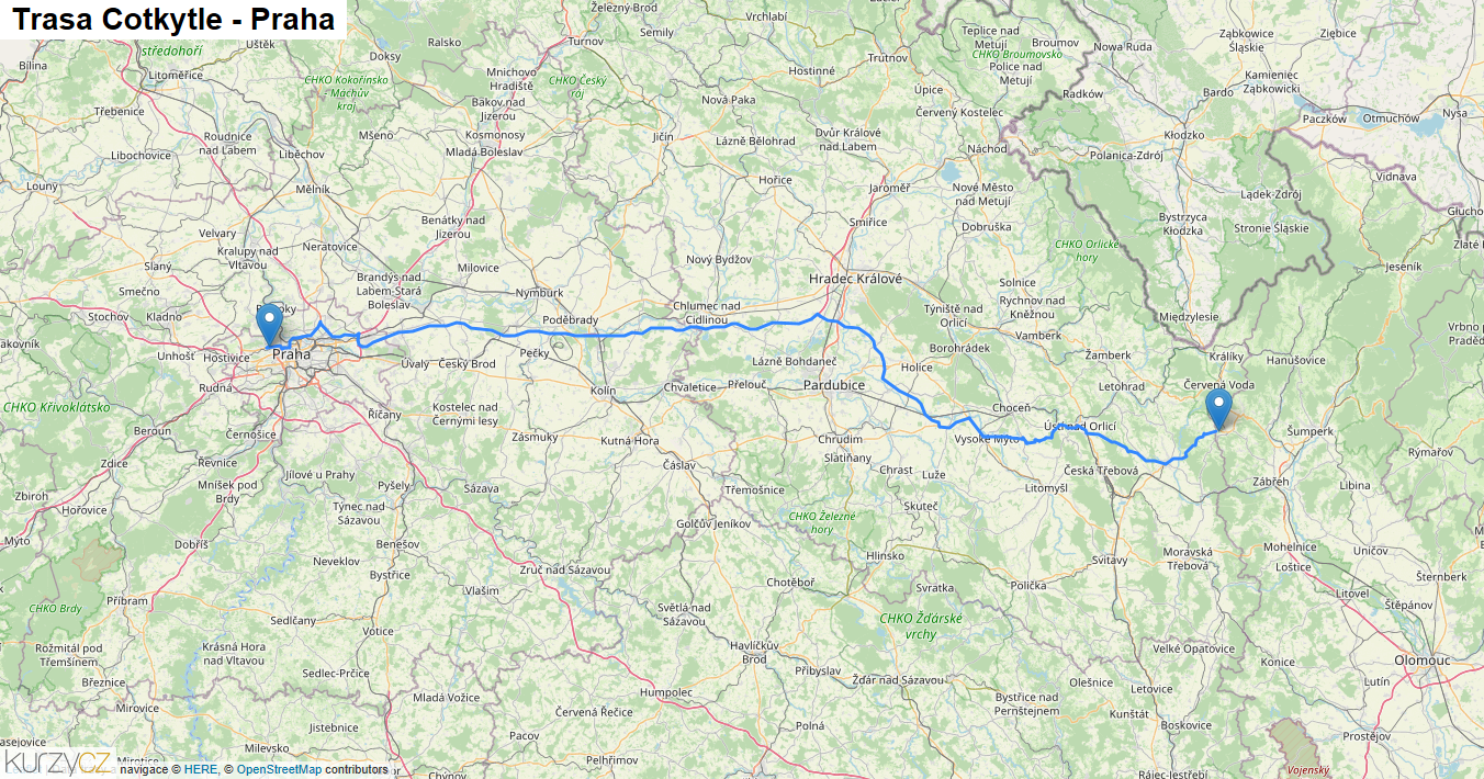 Cotkytle-Praha, mapa trasy