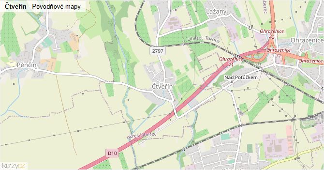 Čtveřín - záplavové mapy stoleté vody