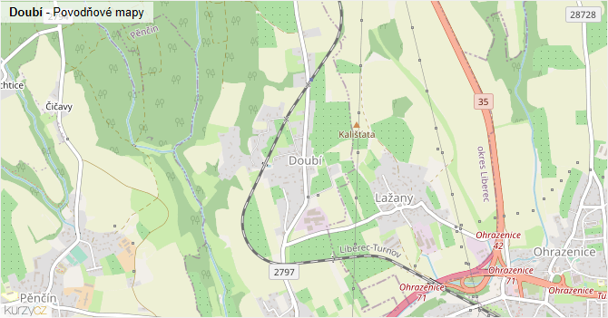Doubí - záplavové mapy stoleté vody