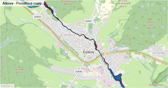 Alšova - záplavové mapy stoleté vody
