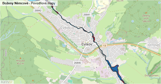 Boženy Němcové - záplavové mapy stoleté vody