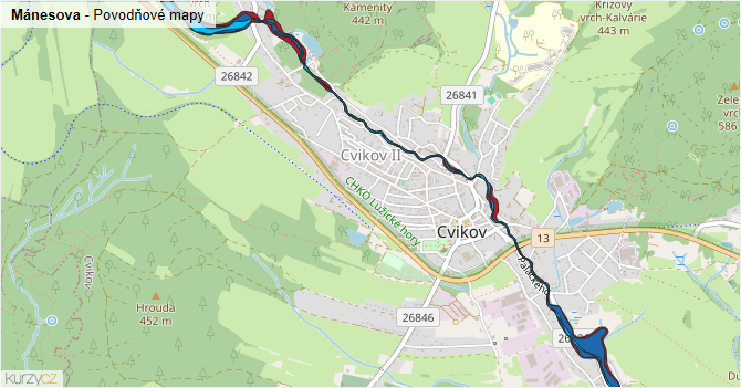 Mánesova - záplavové mapy stoleté vody