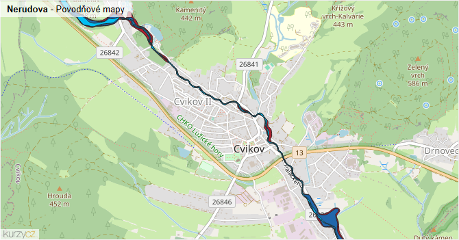 Nerudova - záplavové mapy stoleté vody