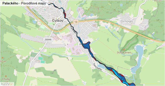 Palackého - záplavové mapy stoleté vody