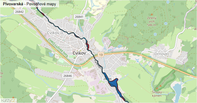 Pivovarská - záplavové mapy stoleté vody