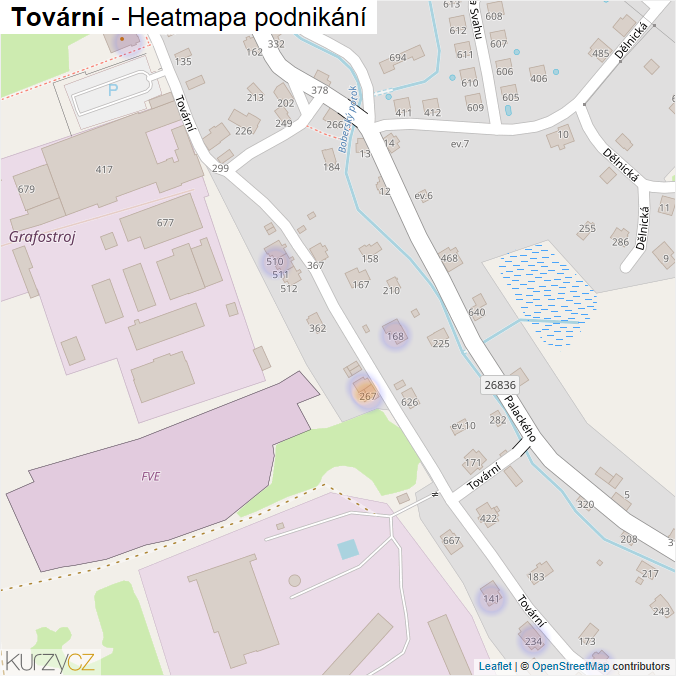 Mapa Tovární - Firmy v ulici.
