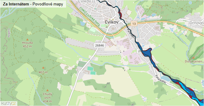 Za Internátem - záplavové mapy stoleté vody