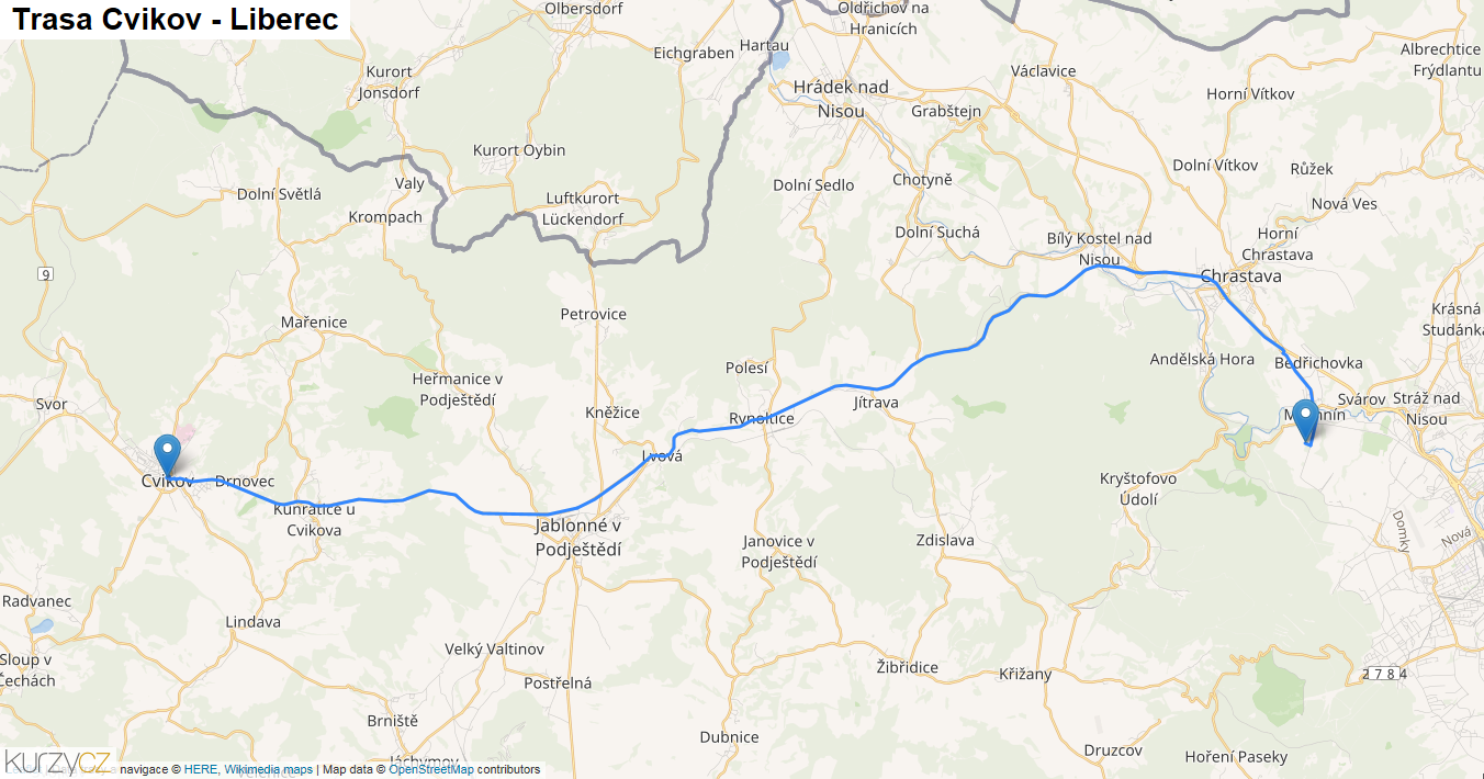 Cvikov-Liberec, mapa trasy