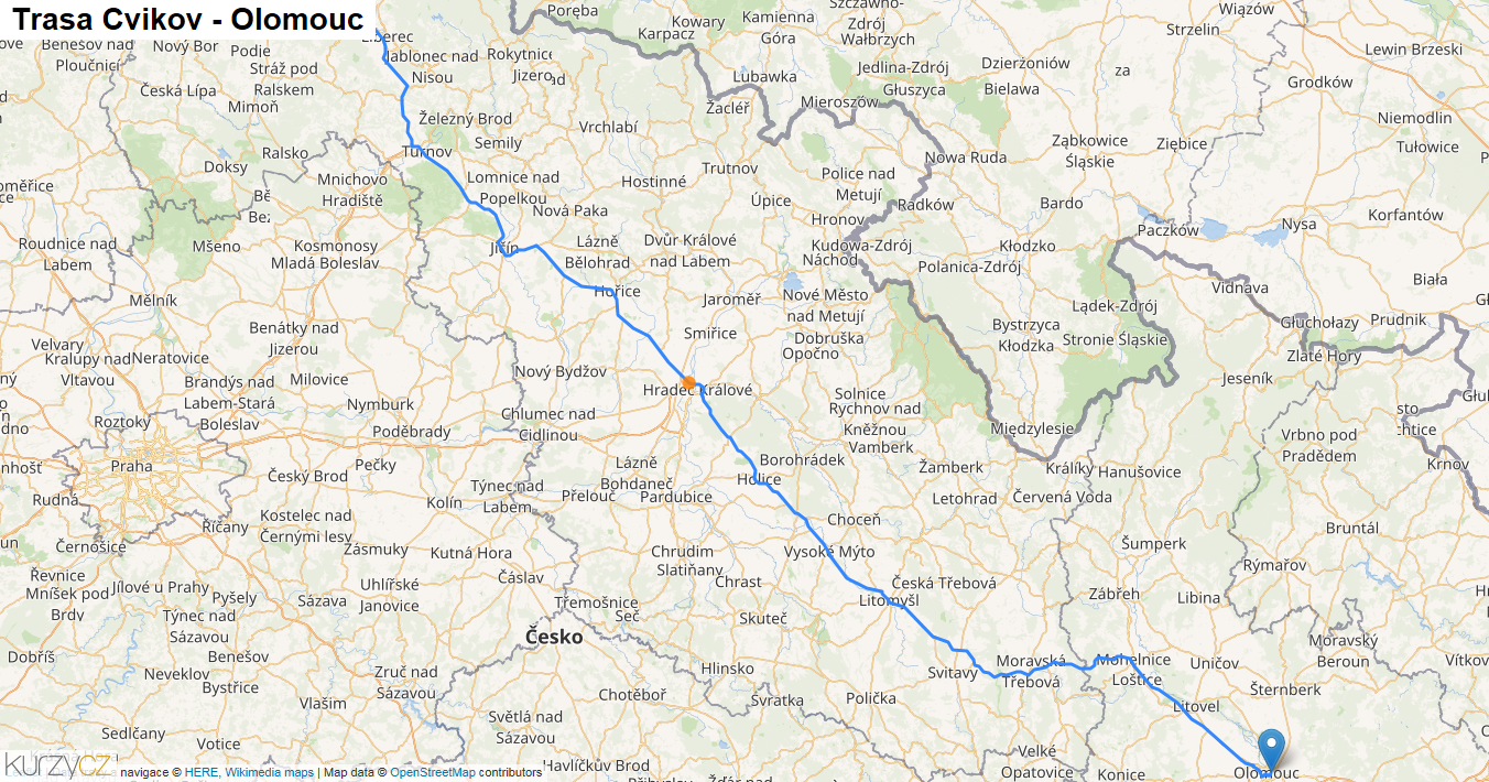 Cvikov-Olomouc, mapa trasy