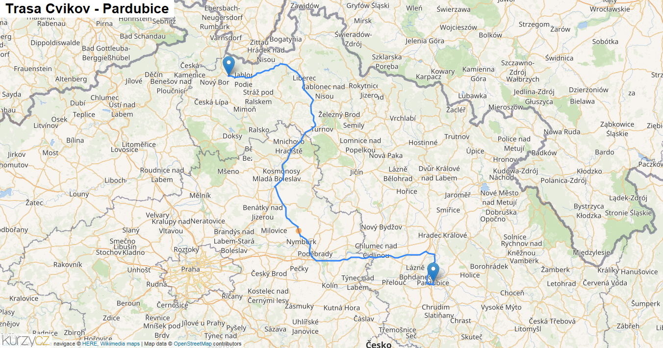 Cvikov-Pardubice, mapa trasy