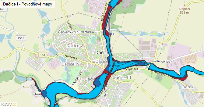 Dačice I - záplavové mapy stoleté vody