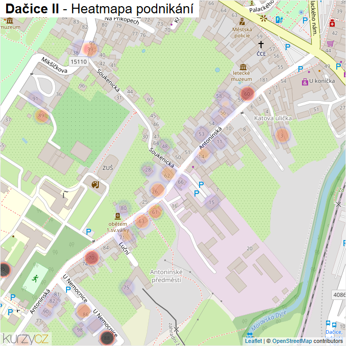 Mapa Dačice II - Firmy v části obce.