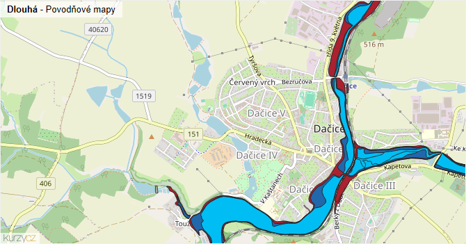 Dlouhá - záplavové mapy stoleté vody