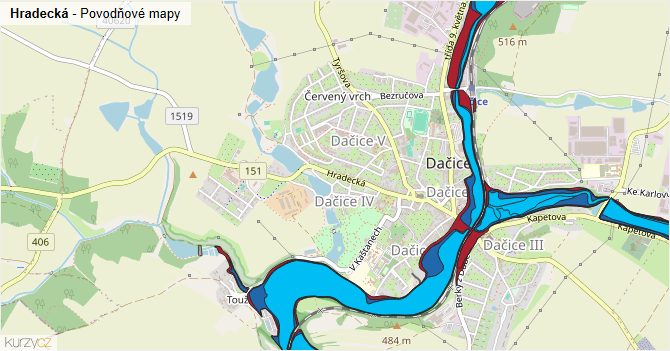 Hradecká - záplavové mapy stoleté vody