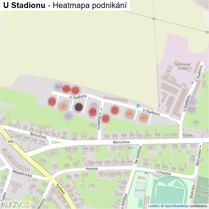 Mapa U Stadionu - Firmy v ulici.