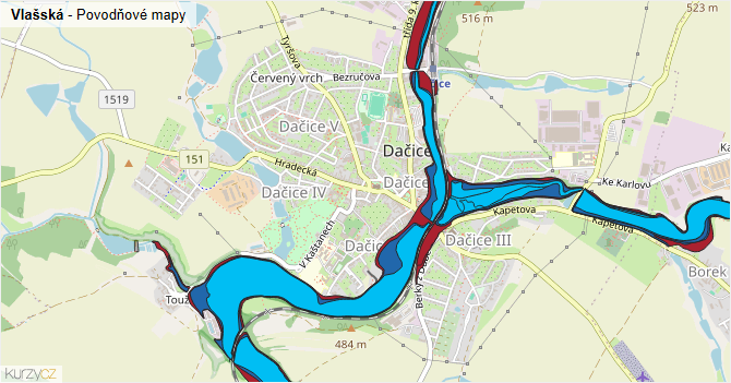 Vlašská - záplavové mapy stoleté vody