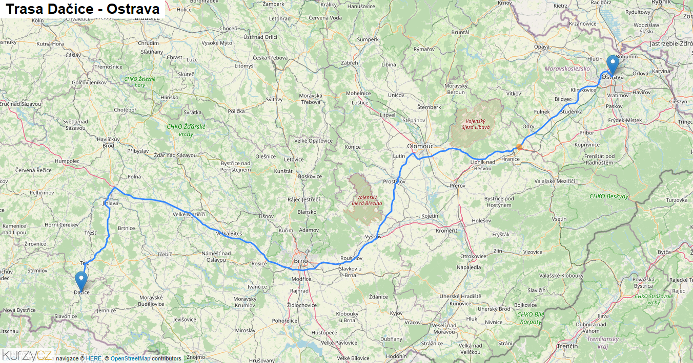 Dačice-Ostrava, mapa trasy