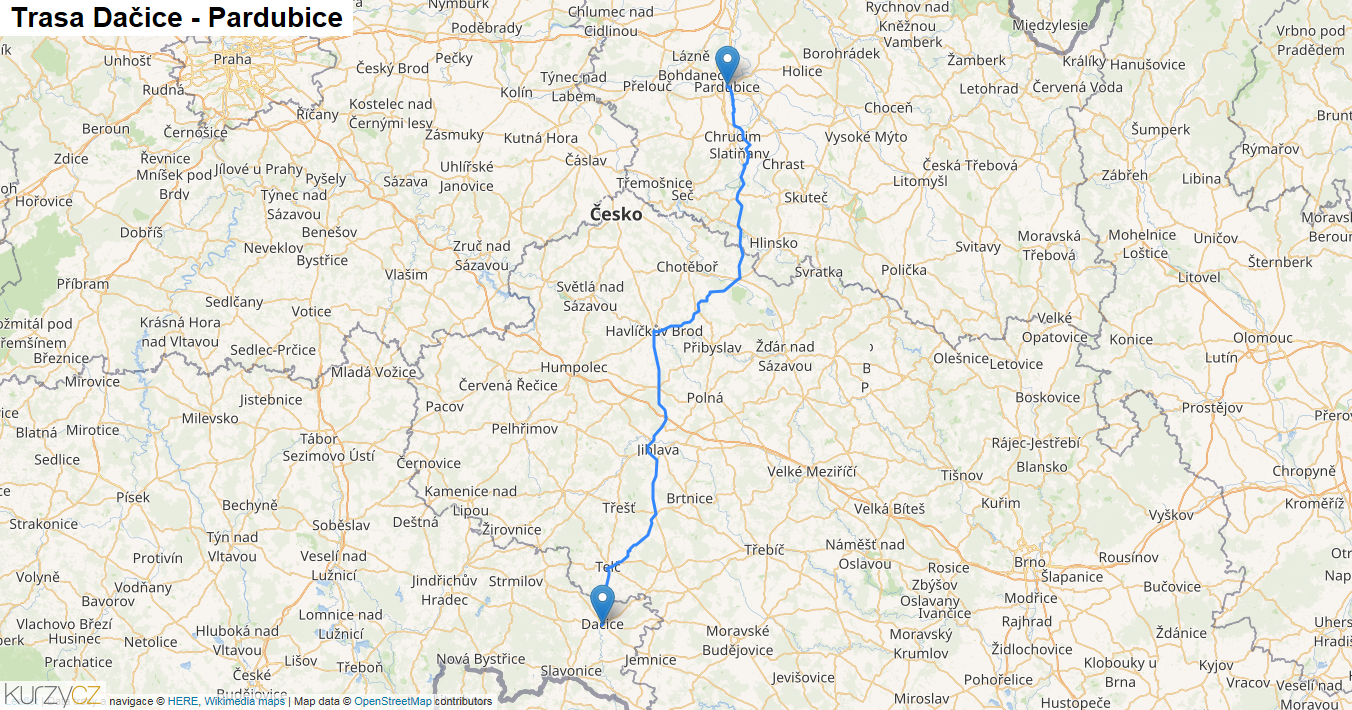 Dačice-Pardubice, mapa trasy