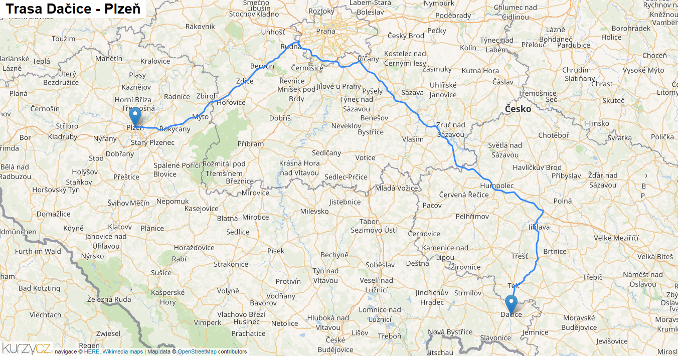 Dačice-Plzeň, mapa trasy