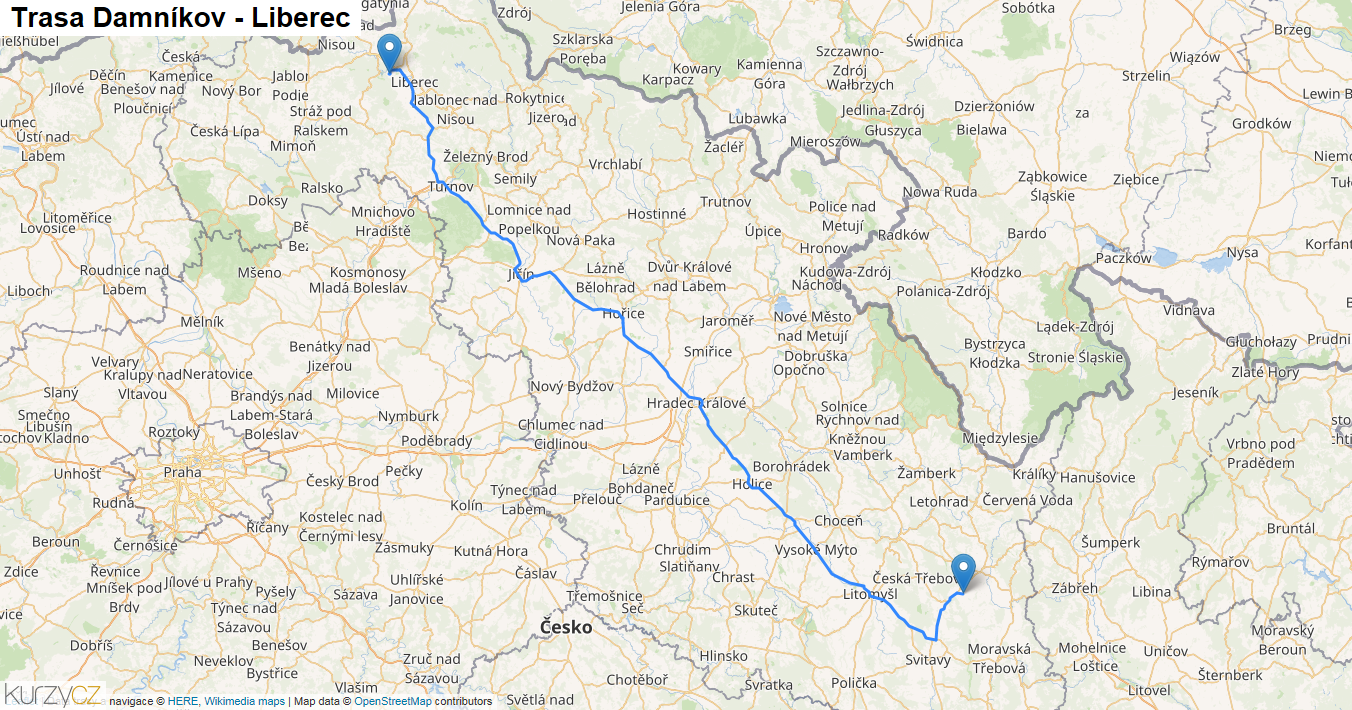 Damníkov-Liberec, mapa trasy