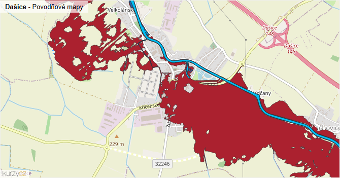 Dašice - záplavové mapy stoleté vody