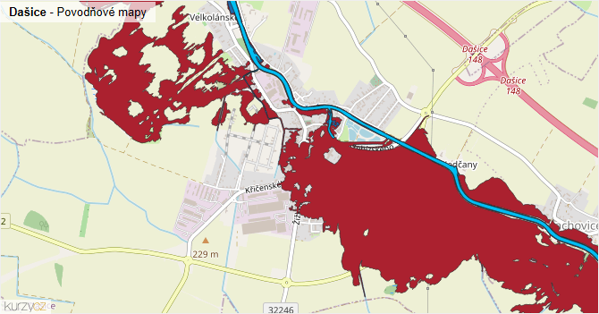 Dašice - záplavové mapy stoleté vody