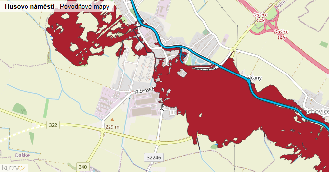 Husovo náměstí - záplavové mapy stoleté vody