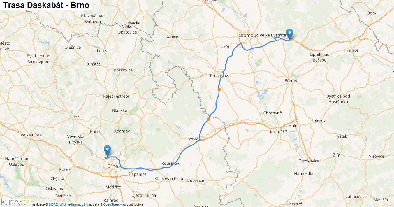 Daskabát-Brno, mapa trasy