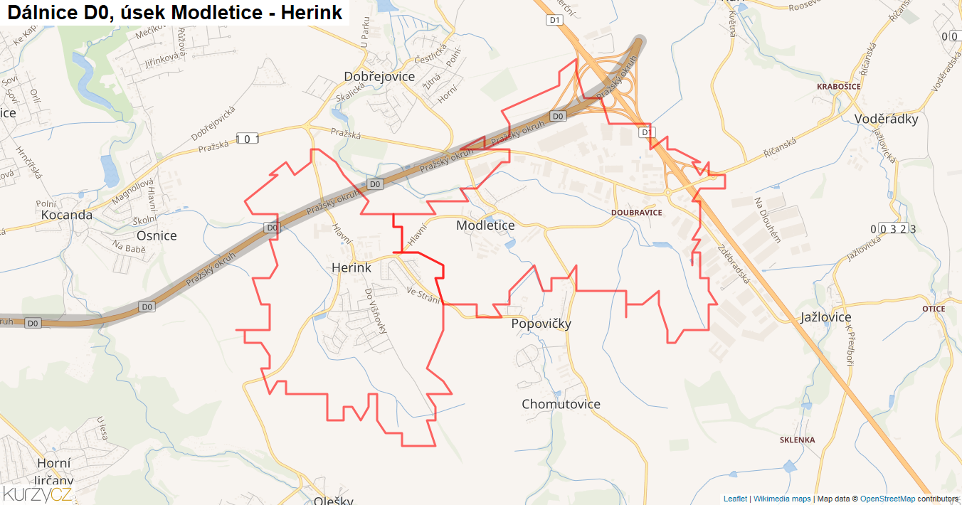 Úsek Modletice - Herink, Dálnice D0 - Mapa