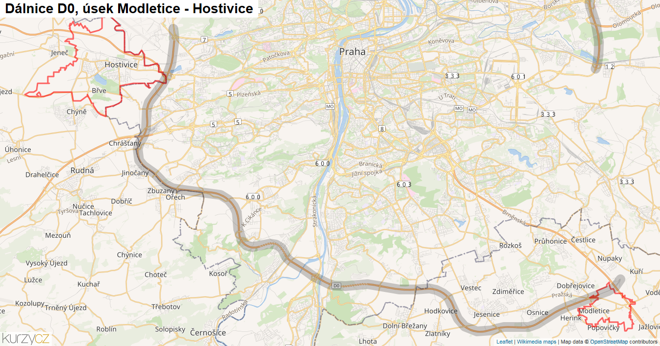 Úsek Modletice - Hostivice, Dálnice D0 - Mapa