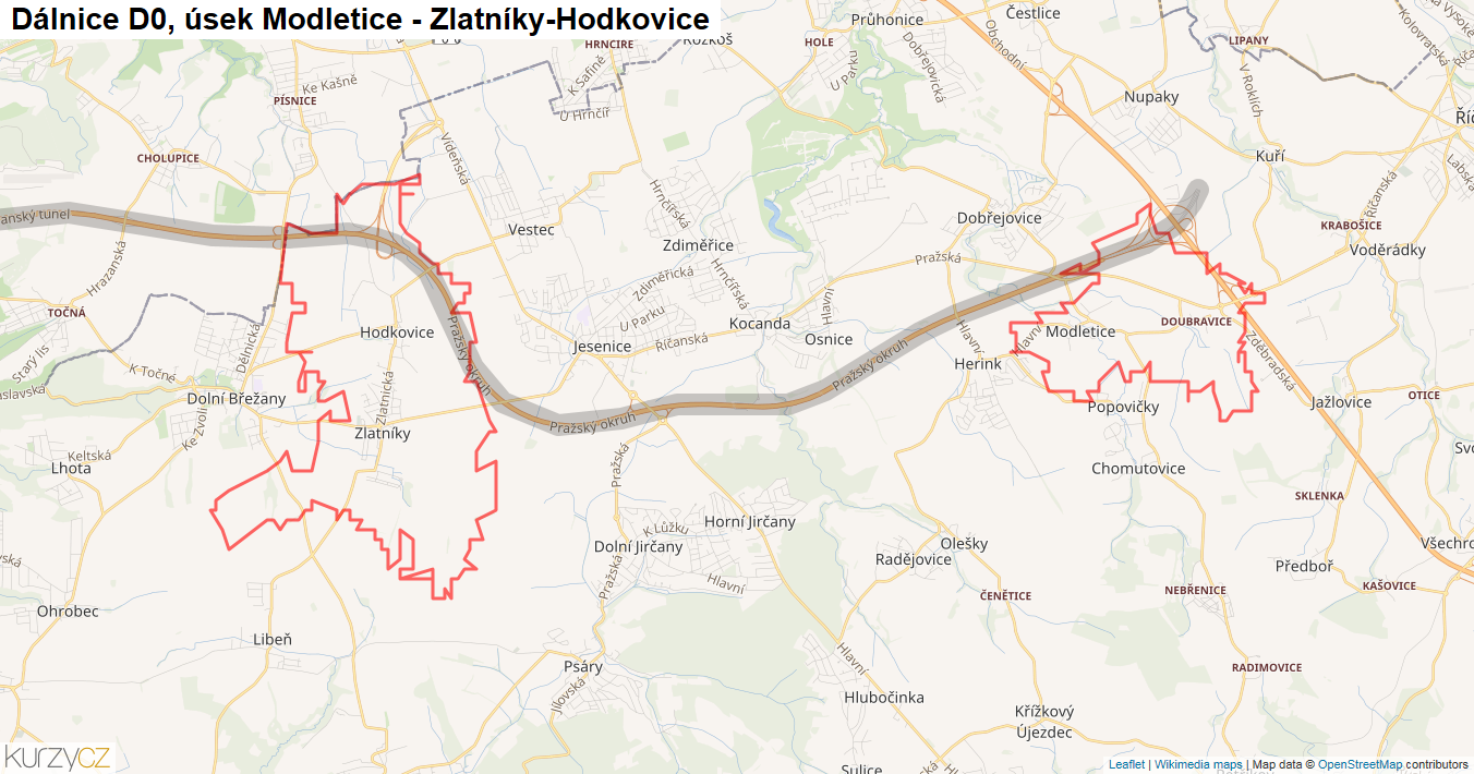 Úsek Modletice - Zlatníky-Hodkovice, Dálnice D0 - Mapa