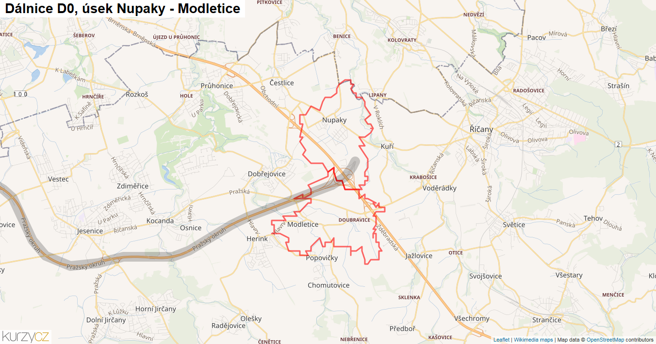 Úsek Nupaky - Modletice, Dálnice D0 - Mapa