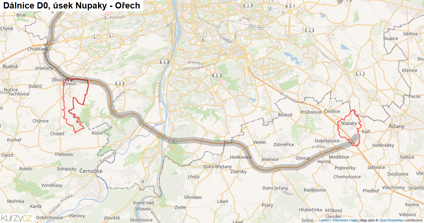 Úsek Nupaky - Ořech, Dálnice D0 - Mapa