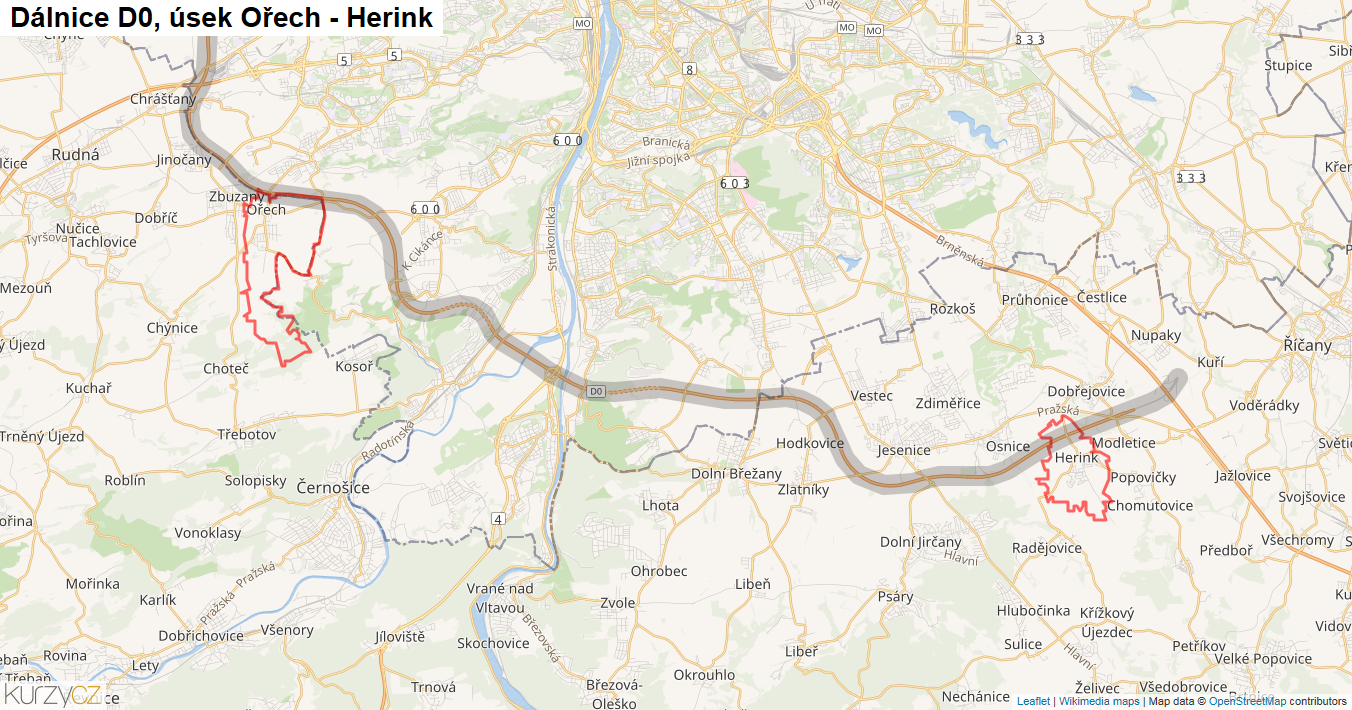 Úsek Ořech - Herink, Dálnice D0 - Mapa