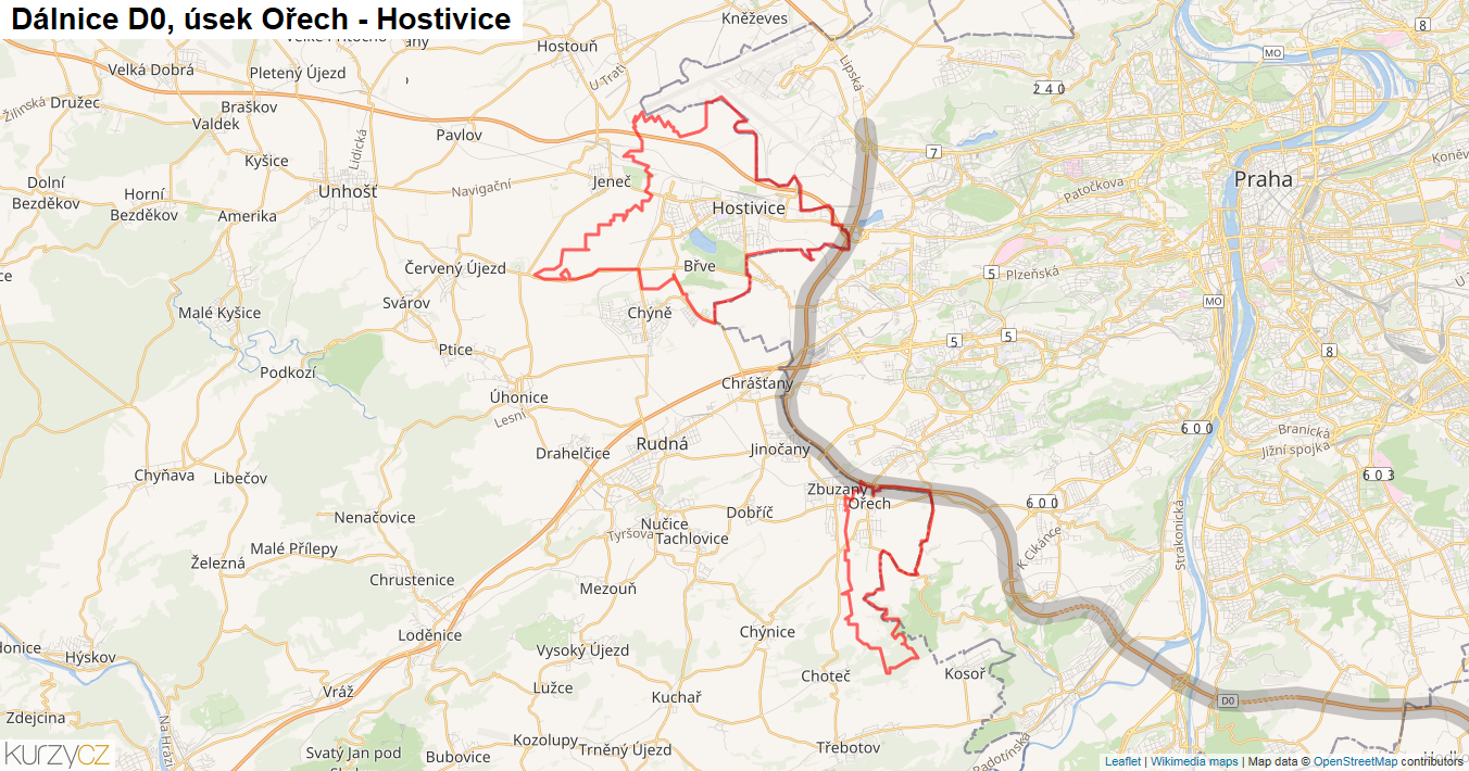 Úsek Ořech - Hostivice, Dálnice D0 - Mapa