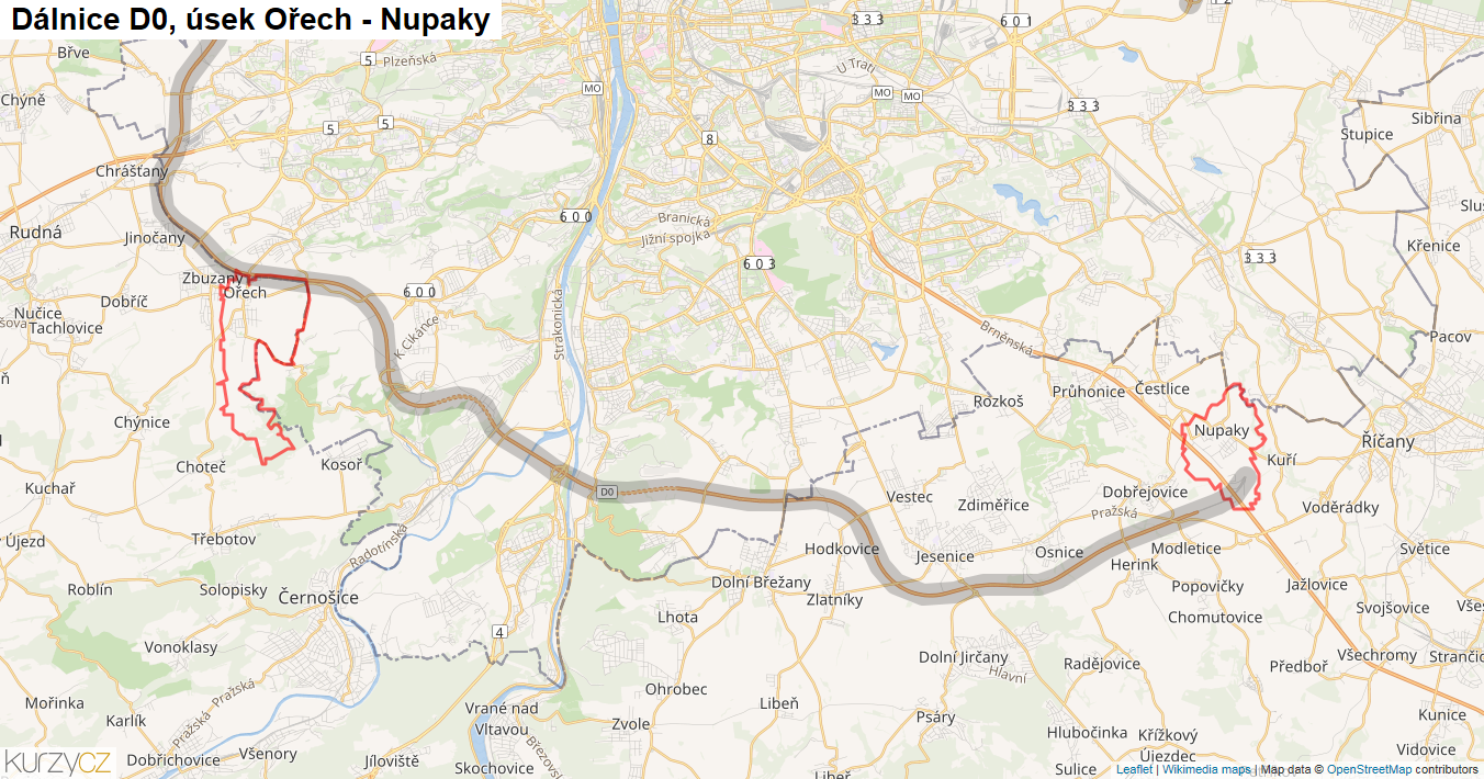 Úsek Ořech - Nupaky, Dálnice D0 - Mapa