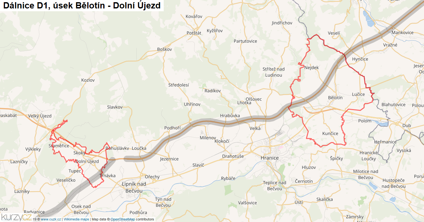 Úsek Bělotín - Dolní Újezd, Dálnice D1 - Mapa