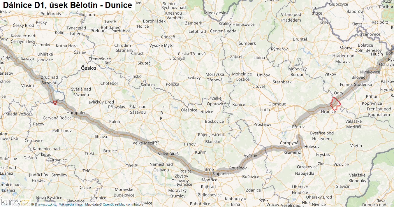 Úsek Bělotín - Dunice, Dálnice D1 - Mapa