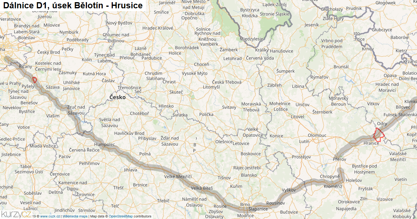 Úsek Bělotín - Hrusice, Dálnice D1 - Mapa