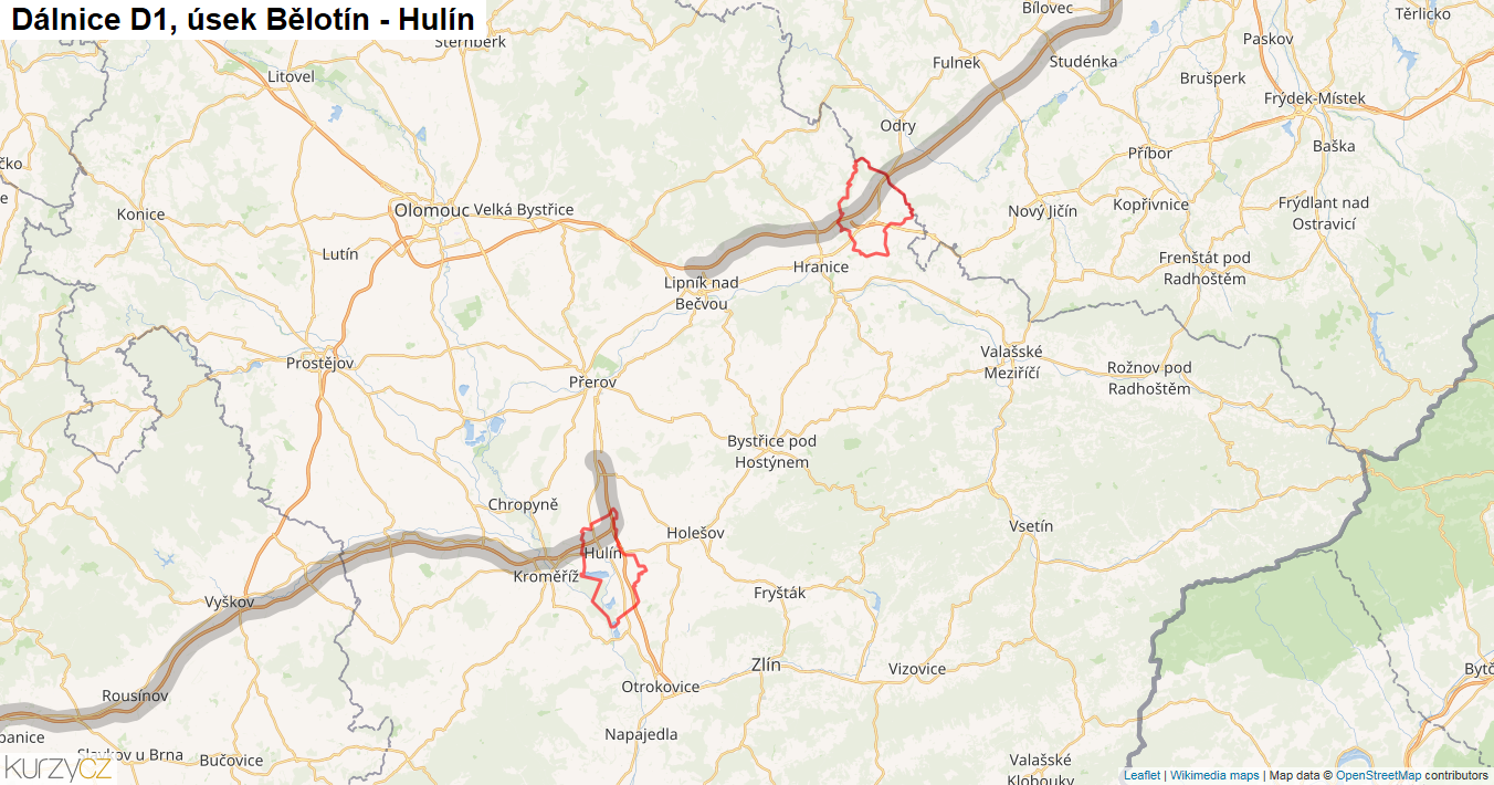Úsek Bělotín - Hulín, Dálnice D1 - Mapa