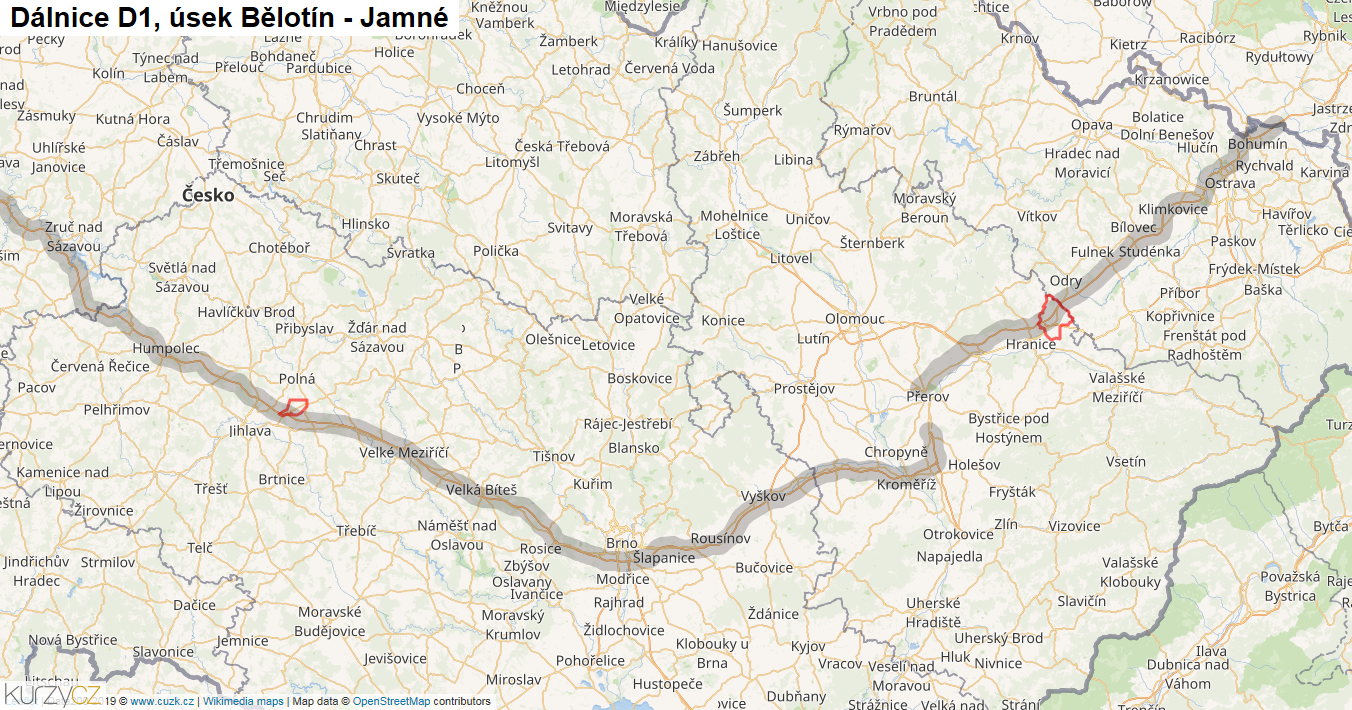Úsek Bělotín - Jamné, Dálnice D1 - Mapa