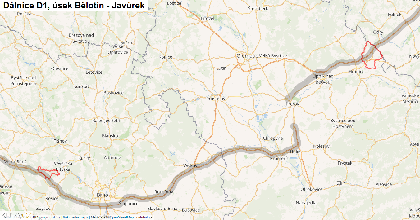 Úsek Bělotín - Javůrek, Dálnice D1 - Mapa