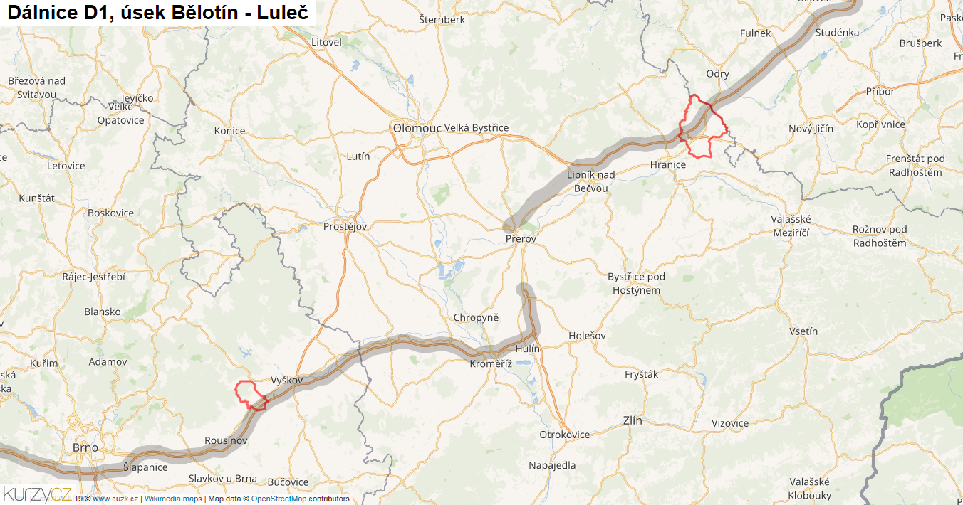 Úsek Bělotín - Luleč, Dálnice D1 - Mapa